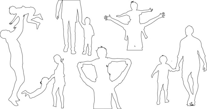 Father’s Day, Son’s Day vector illustration. Line art style group of people in various poses. Perfect for celebrating paternal bonds and the influence of fathers in society.