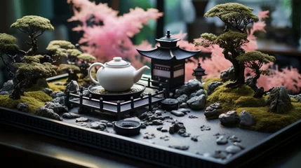 Selbstklebende Fototapeten A serene Japanese garden scene, featuring a lacquered tray bearing delicate bites of tamagoyaki, pickled radishes, and a steaming bowl of miso soup, with a backdrop of bonsai trees © ra0