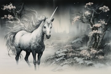 Majestic unicorns with shimmering silver horns - Generative AI - obrazy, fototapety, plakaty