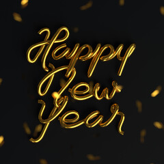 Happy new year 3d gold typography with confetti on black background