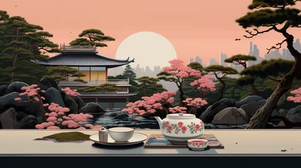 Poster A serene Japanese garden scene, featuring a lacquered tray bearing delicate bites of tamagoyaki, pickled radishes, and a steaming bowl of miso soup, with a backdrop of bonsai trees © ra0