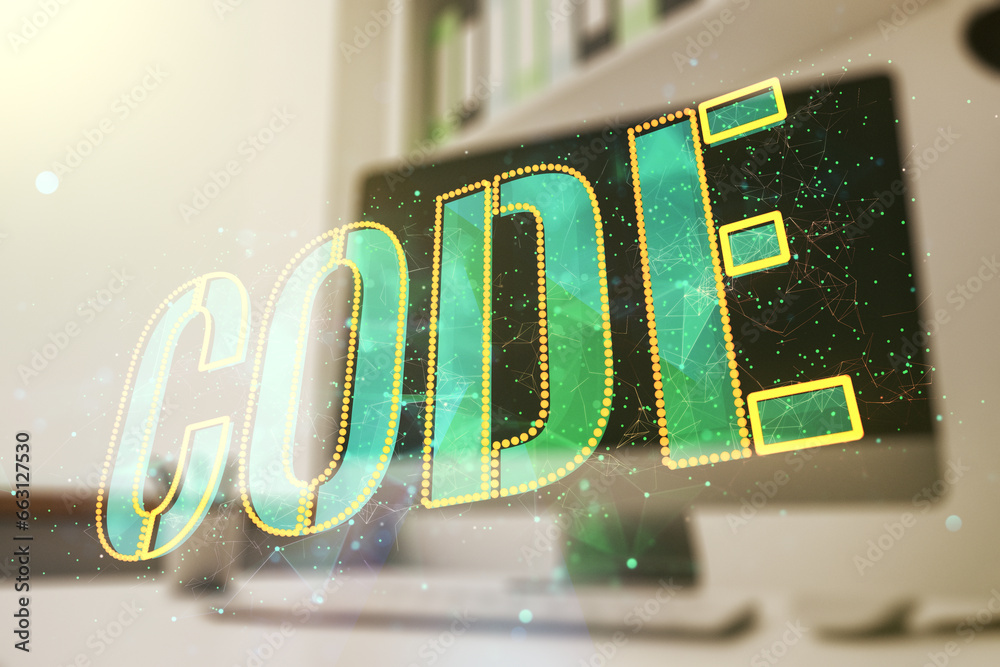Poster Creative Code word hologram and modern desktop with laptop on background, artificial intelligence and neural networks concept. Multiexposure