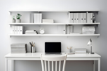  A minimalist study with a sleek desk, ergonomic chair, and bookshelves. The clean lines and uncluttered workspace promote a focused and productive environment.