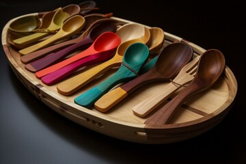 Colorful platter presentation on wooden utensils. Generative AI