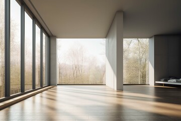 Abstract architectural interior of a minimalist house with spacious windows. Generative AI