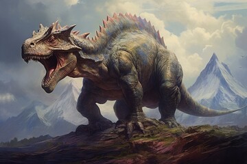 Predatory dinosaur dominating peak. Generative AI