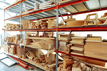 Stacked wooden bars in workshop of furniture manufacture