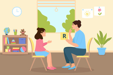 Speech therapy classes for a preschool child with a therapist in an  cozy office interior. Speech disorders in children. Correct articulation therapy for a girl. Vector illustration.