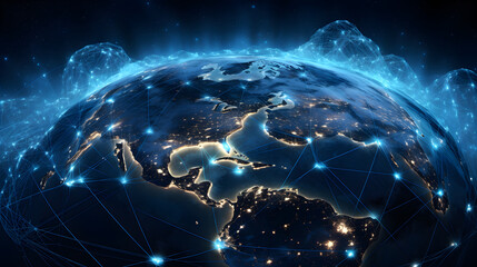 Planet earth globe covered with blue glowing network grid technology background