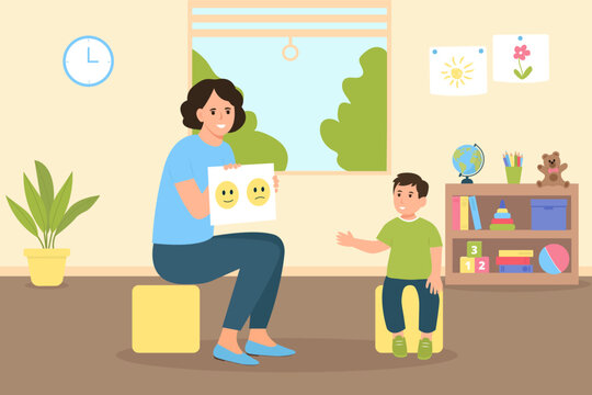 Child psychologist showing pictures to the boy. Kid counselling session in informal cozy office interior. Family psychotherapy session for children with mental problems.Vector flat  illustration