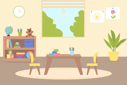 A cozy playroom with cute children's pictures on the wall, furniture and toys. Kid room interior. Preschool. Vector illustration
