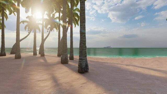 Tropical island palm tree beach from above. Small island in ocean. 3d render.
Tropical beach with palm trees during a sunny day. Summer holiday and vacation design. Inspirational tropical beach, palm 