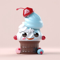 3d cute character ice cream with cone - Generative AI