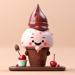 3d cute character ice cream with cone - Generative AI