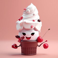 3d cute character ice cream with cone - Generative AI