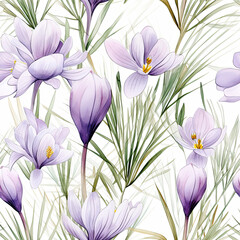 seamless pattern with purple flowers, crocuses, ornament, wallpaper, floral, plant, white background, gardening, bloom, spring, nature, bud, green, blue, petals, leaves, grass, watercolor painting