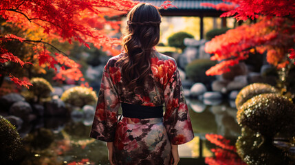 Japanese woman kimono garden