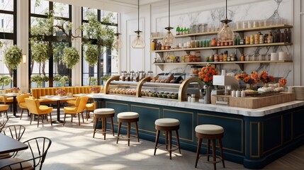 A sophisticated urban breakfast nook, with a gleaming white marble countertop displaying a selection of fresh-baked pastries, colorful fruit parfaits, and artisanal espresso cups - obrazy, fototapety, plakaty