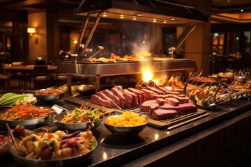 Catering buffet food indoor in restaurant with grilled meat. - obrazy, fototapety, plakaty