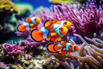 Naklejka na ściany i meble Amphiprion ocellaris clownfish and anemone in sea.