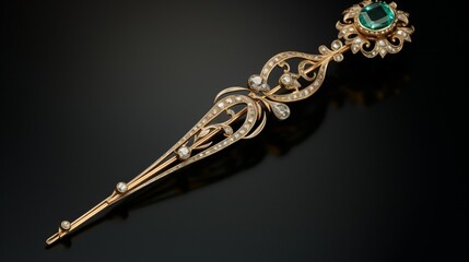 "A splendid gold and diamond hairpin, featuring a rare, deep-green emerald