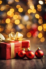 Fototapeta na wymiar Red and gold Christmas balls and Christmas gift boxes