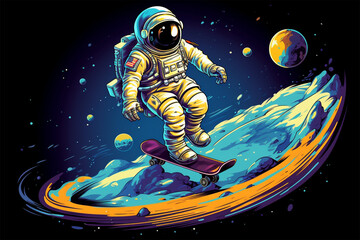 vector illustration of a scene of astronauts skating in the asteroid belt