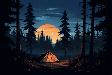 vector illustration of a campsite scene in the night forest, silhouette