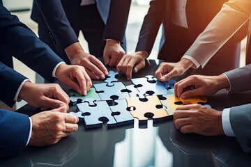 Teamwork concept. Closeup of businesspeople assembling a puzzle, ai generative