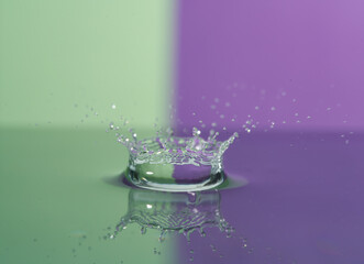Group of colorful water droplets fall and bounce on a water surface