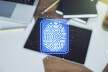 Multi exposure of abstract graphic fingerprint sketch and modern digital tablet on desktop on background, top view, fingerprint scan data concept
