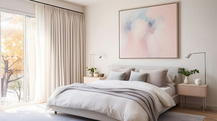 Intimate Side View: Pastel Minimalist Newlywed Bedroom Featuring Framed Art
