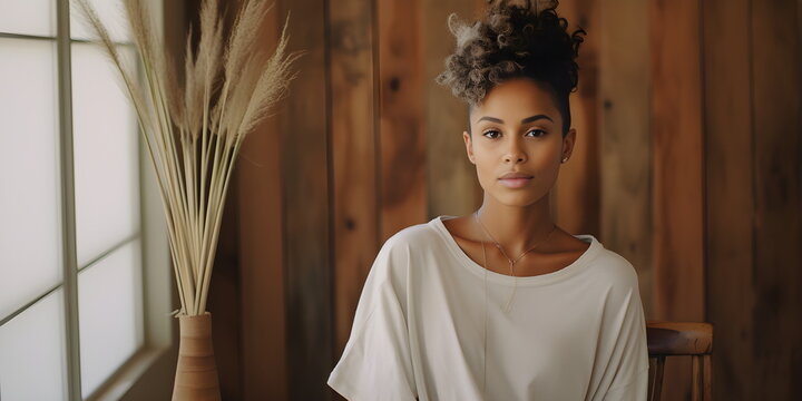 A dark-skinned model wearing a white T-shirt against a background of a wooden wall. Yoga. Mortification.