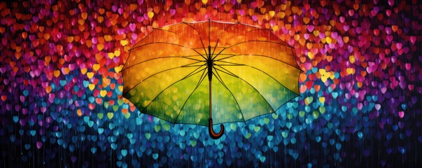 Rainbow umbrella in colored hearts. Raining protection concept.