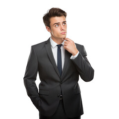 Thoughtful businessman in gray suit against transparent background