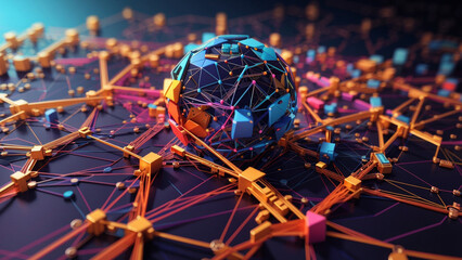 colorful abstract illustration of blockchain, a world connected to a decentralized network, AI generated