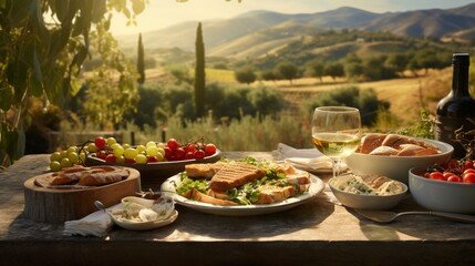 A sun-kissed Italian vineyard breakfast, with a spread of freshly baked focaccia, succulent...