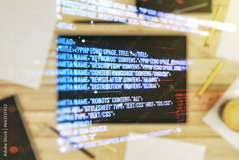 Poster multi exposure of abstract programming language hologram and modern digital tablet on background, ar