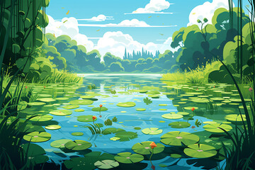 vector illustration of a view of aquatic plants in a swamp - obrazy, fototapety, plakaty