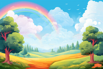 vector illustration of a rainbow view in the village