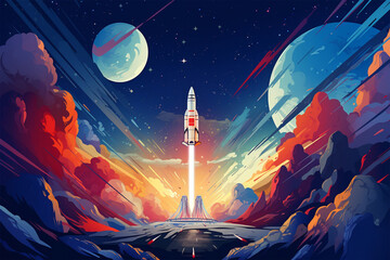 vector illustration of a rocket view launching into space - obrazy, fototapety, plakaty