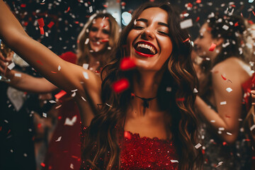 A young beautiful girl is dancing and smiling at a New Year's party in confetti