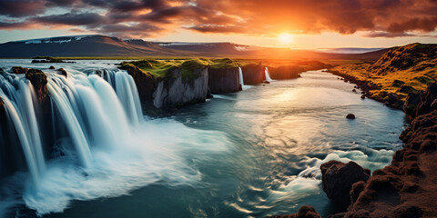 Vibrant Sunrise at Kirkjufellsfoss Waterfall Golden Hour Splendor: Kirkjufellsfoss Sunrise