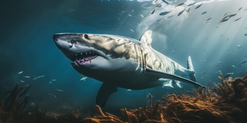a image great white shark underwater with beautiful view, AI Generative