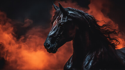A black horse with a ferocious temperament that had fire coming from its body - obrazy, fototapety, plakaty