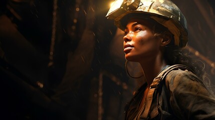 An African-American woman is a miner in a hard hat, a worker in the coal mining industry. - obrazy, fototapety, plakaty