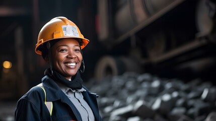 A smiling African-American woman is a miner in a hard hat, a worker in the coal mining industry.