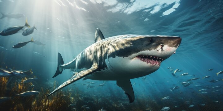 a image great white shark underwater with beautiful view, AI Generative