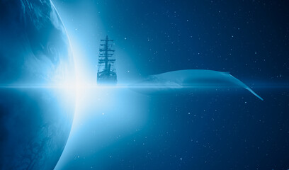 A ship taking years on the surface in bright sunlight and a huge blue whale next to it, deep space...