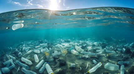 plastic bottles and microplastics floating in the ocean
